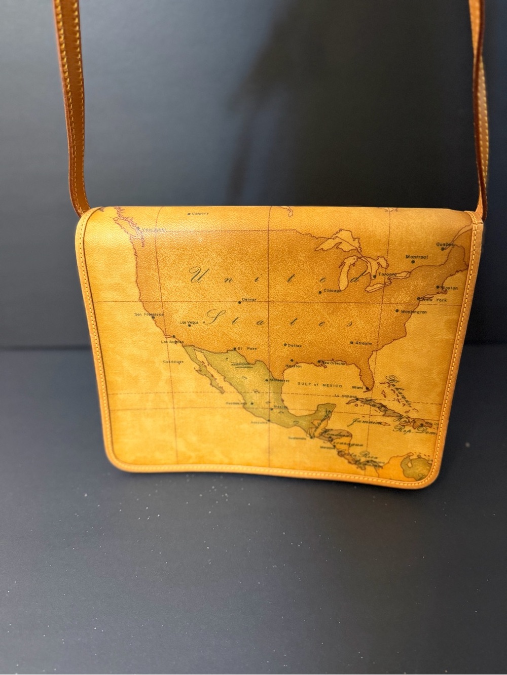 Alviero Martini 1A Classe Tan Map Print Shoulder Bag Adjustable Strap Gold